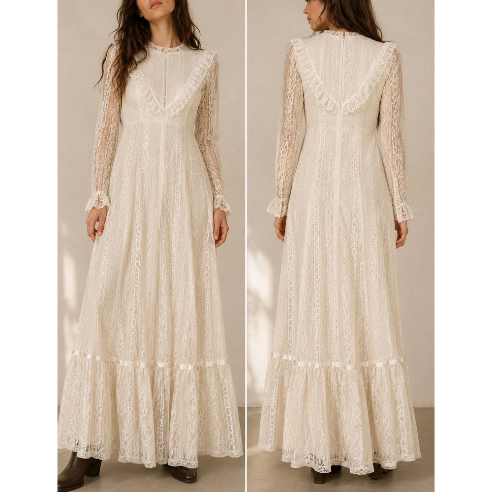 VINTAGE LOLA HAWAII 70s Ivory Lace Prairie Maxi Dress Cottagecore Victorian Boho